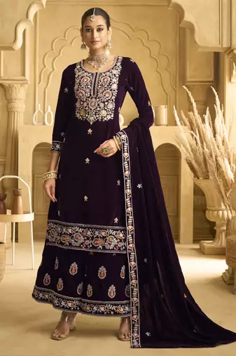 Wine velvet embroidered palazzo suit