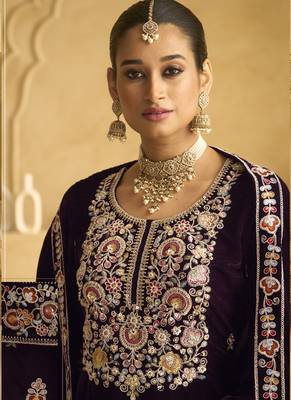 Wine velvet embroidered palazzo suit 2
