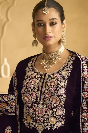 Wine velvet embroidered palazzo suit