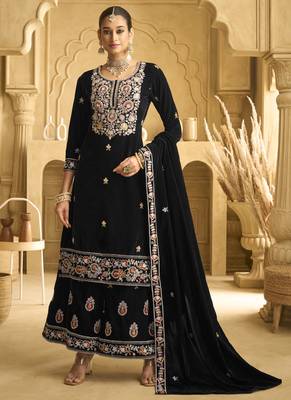 Black velvet embroidered palazzo suit 1