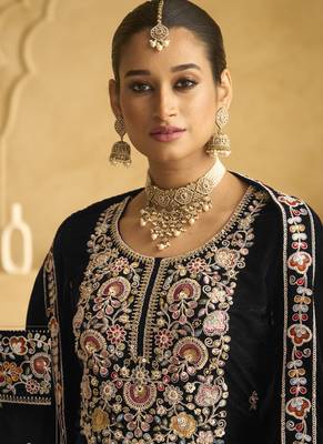 Black velvet embroidered palazzo suit 2