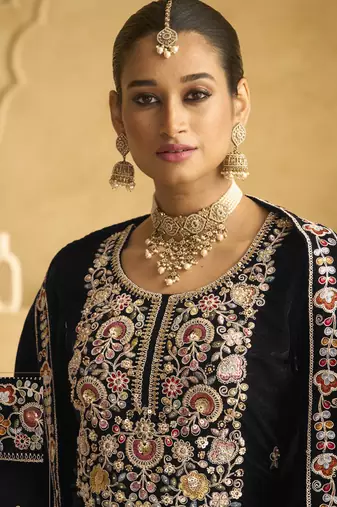 Black velvet embroidered palazzo suit