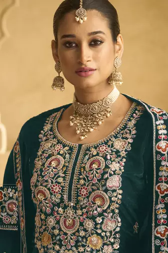 Green velvet embroidered palazzo suit
