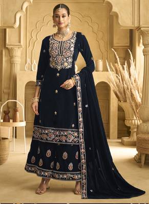 Navy blue velvet embroidered palazzo suit 1