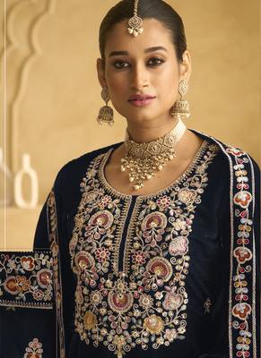 Navy blue velvet embroidered palazzo suit 2