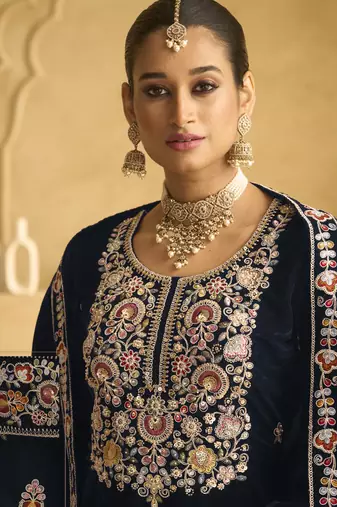 Navy blue velvet embroidered palazzo suit