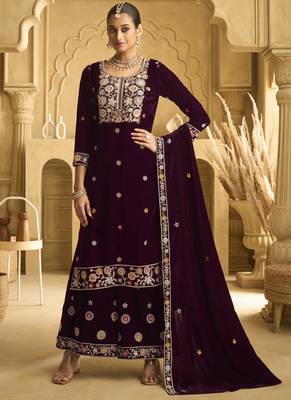 Wine velvet embroidered palazzo suit 1