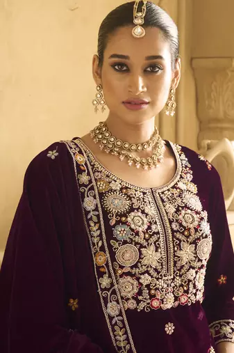 Wine velvet embroidered palazzo suit
