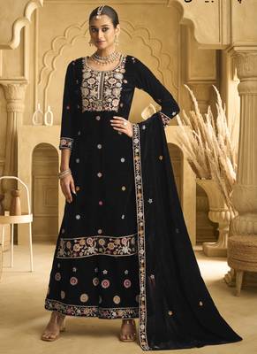 Black velvet embroidered palazzo suit 1