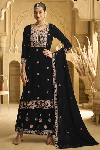 Black velvet embroidered palazzo suit