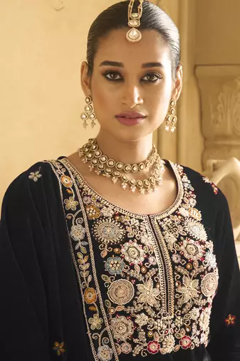 Black velvet embroidered palazzo suit