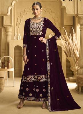 Violet velvet embroidered palazzo suit 1