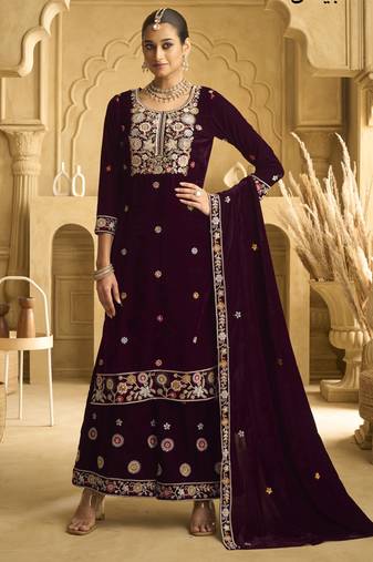 Violet velvet embroidered palazzo suit