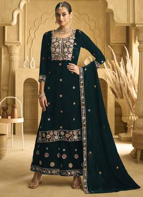 Green velvet embroidered palazzo suit 1