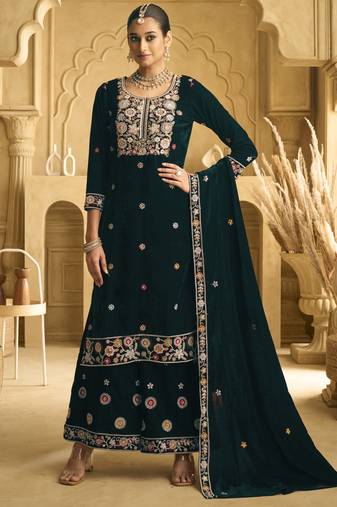 Green velvet embroidered palazzo suit