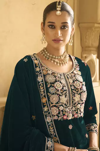 Green velvet embroidered palazzo suit