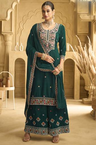 Green velvet embroidered palazzo suit