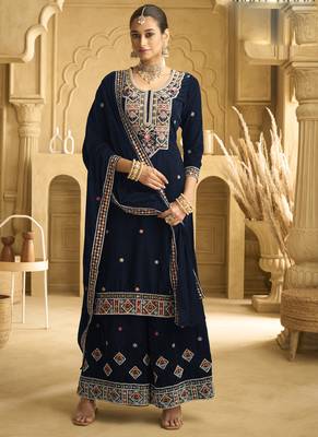 Navy blue velvet embroidered palazzo suit 1