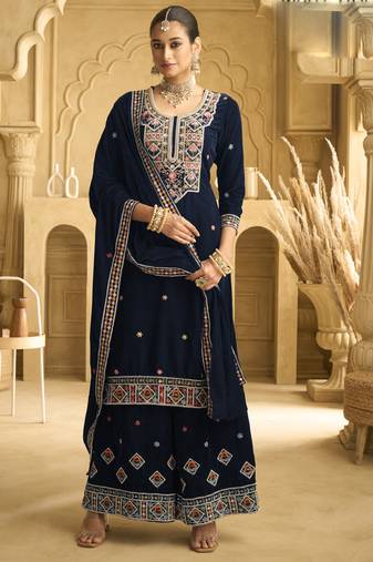 Navy blue velvet embroidered palazzo suit