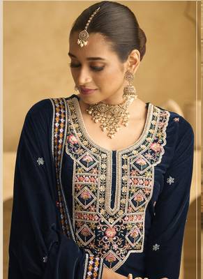 Navy blue velvet embroidered palazzo suit 2