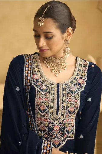 Navy blue velvet embroidered palazzo suit