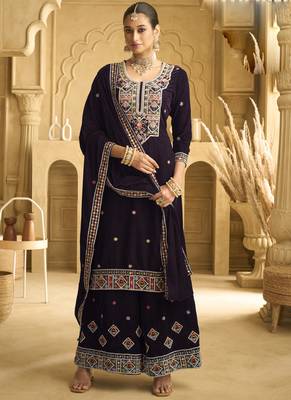 Wine velvet embroidered palazzo suit 1