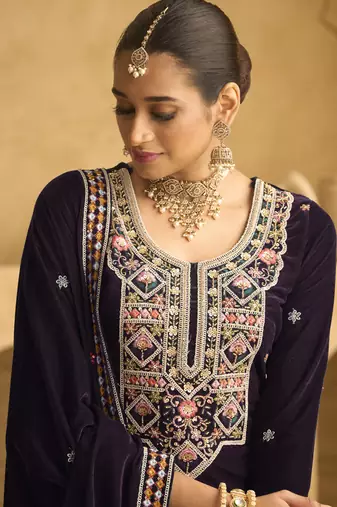 Wine velvet embroidered palazzo suit