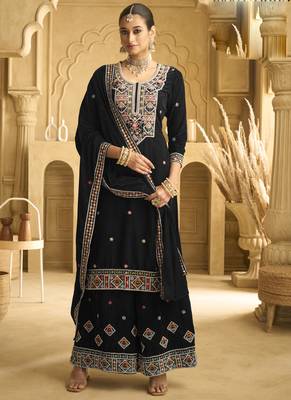 Black velvet embroidered palazzo suit 1