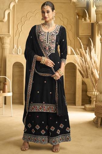 Black velvet embroidered palazzo suit