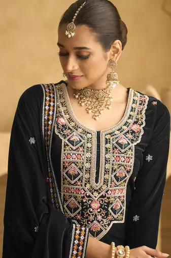 Black velvet embroidered palazzo suit