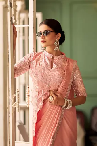 Peach embroidered chinnon silk ready to wear saree with stitched blouse