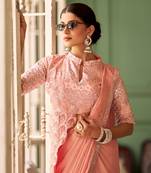 Peach embroidered chinnon silk ready to wear saree with stitched blouse