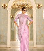 ready to wear pink embroidered chinnon silk saree with stitched blouse