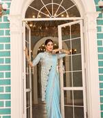 ready to wear sky embroidered chinon silk saree with stitched blouse