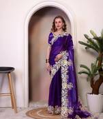 Purple embroidery work organza silk blend saree with unstitched blouse