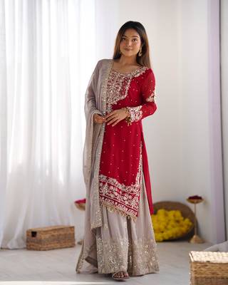 Dark rani colour faux georgette embroidery work fully  palazzo set  1