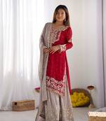 Dark rani colour faux georgette embroidery work fully stitched palazzo set 