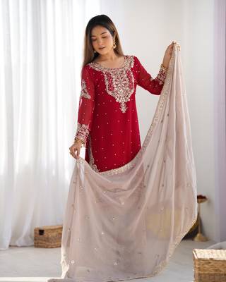 Dark rani colour faux georgette embroidery work fully  palazzo set  2