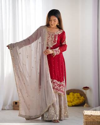 Dark rani colour faux georgette embroidery work fully  palazzo set  3