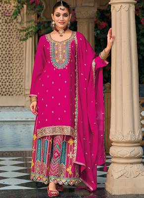 Rani pink chinon silk embroidered designer palazzo suit 1