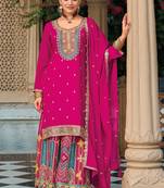 Rani pink chinon silk embroidered designer palazzo suit