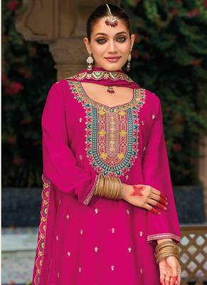 Rani pink chinon silk embroidered designer palazzo suit 2