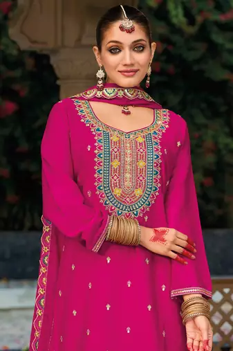 Rani pink chinon silk embroidered designer palazzo suit