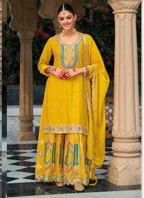 Yellow chinon silk embroidered designer palazzo suit 1