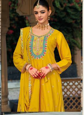 Yellow chinon silk embroidered designer palazzo suit 2