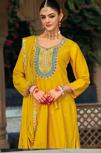 Yellow chinon silk embroidered designer palazzo suit