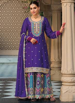 Violet chinon silk embroidered designer palazzo suit 1