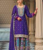 Violet chinon silk embroidered designer palazzo suit