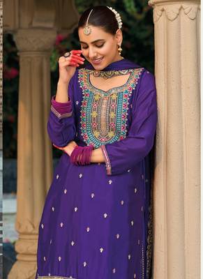 Violet chinon silk embroidered designer palazzo suit 2