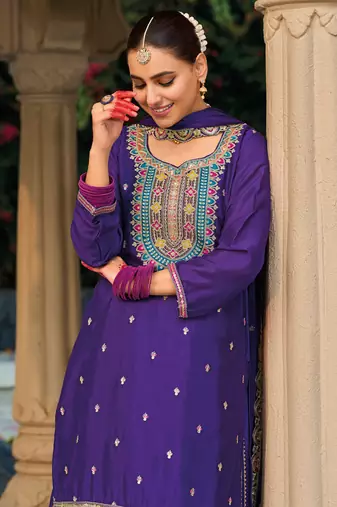 Violet chinon silk embroidered designer palazzo suit